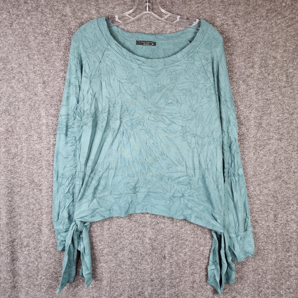 Final Touch Knit Top Women Small Teal Crinkle Side Tie Raglan Scoop Neck T16986